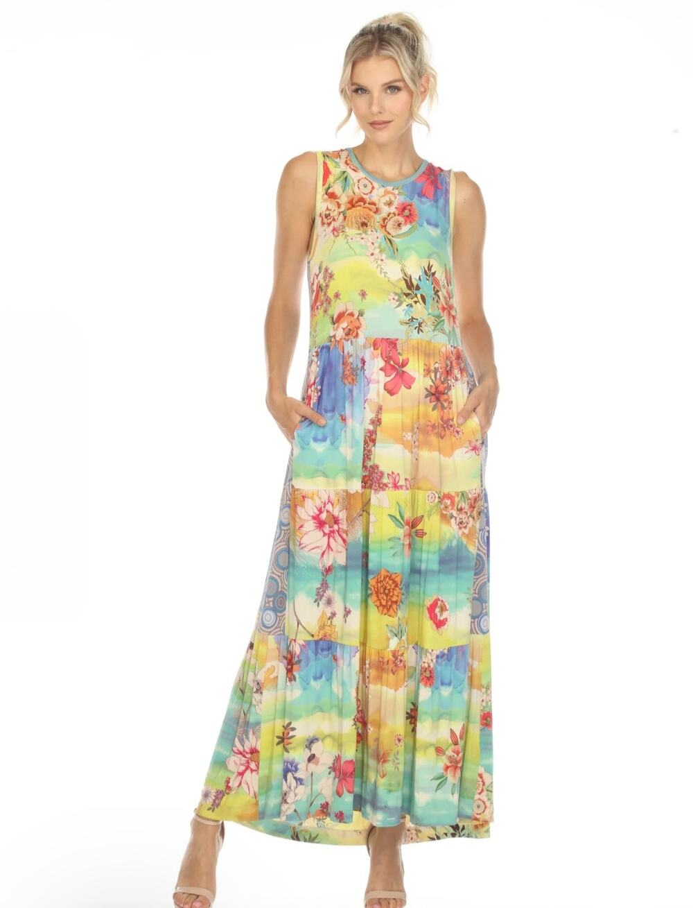 Johnny Was Yellow Tie Dye Floral Tiered Midi Dress Bamboo Boho Summer Medium NEW
